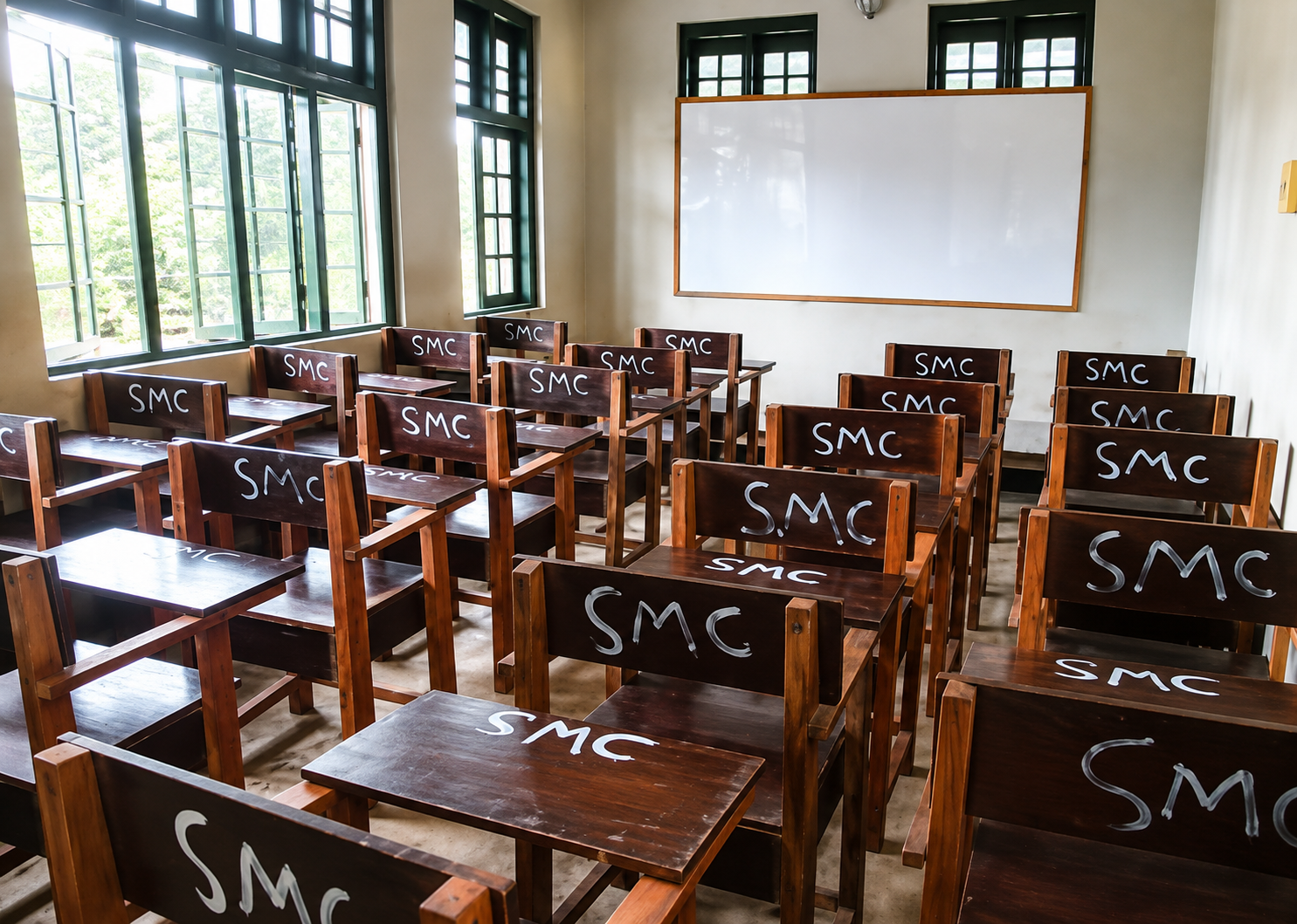 Empty classroom with wooden desks marked SMC ready for students