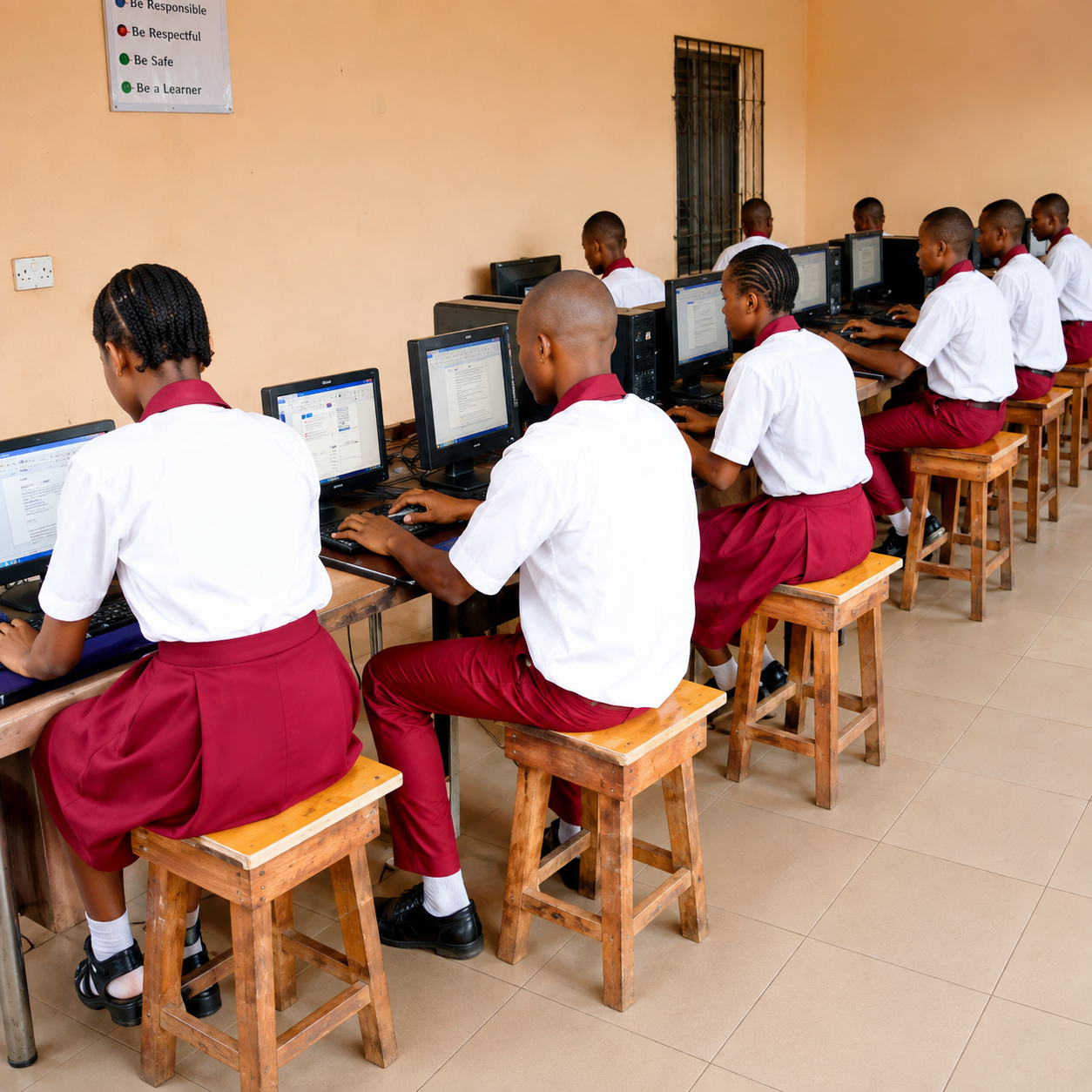 Students working on desktop computers in the school computer laboratory