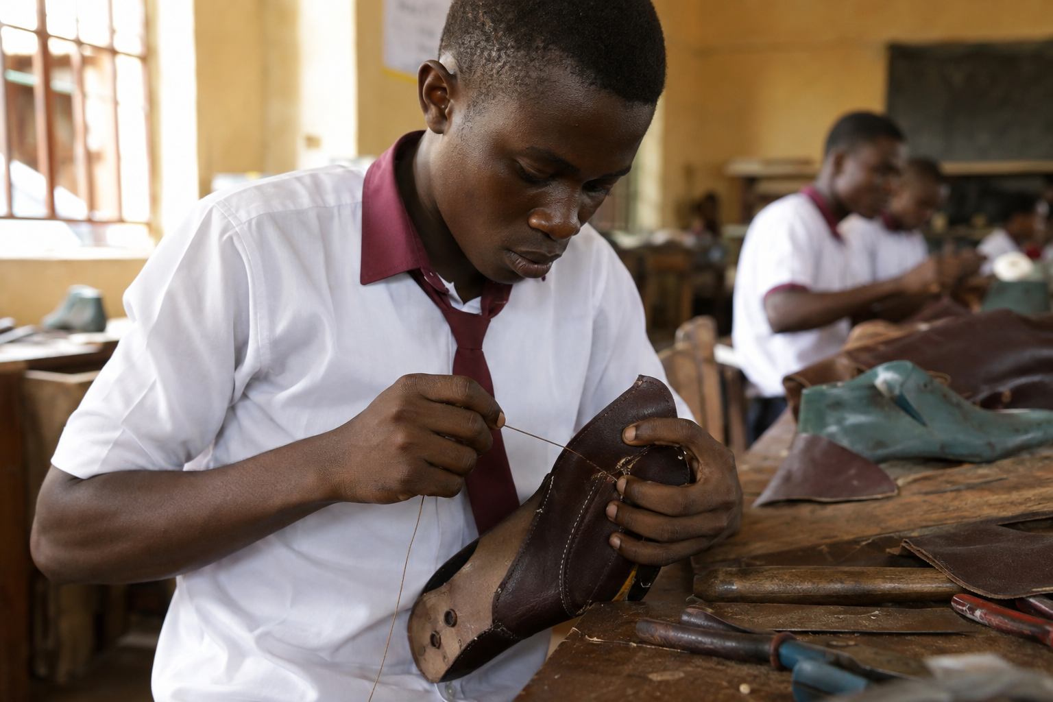 Hands stitching a leather shoe during a shoe making vocational workshop